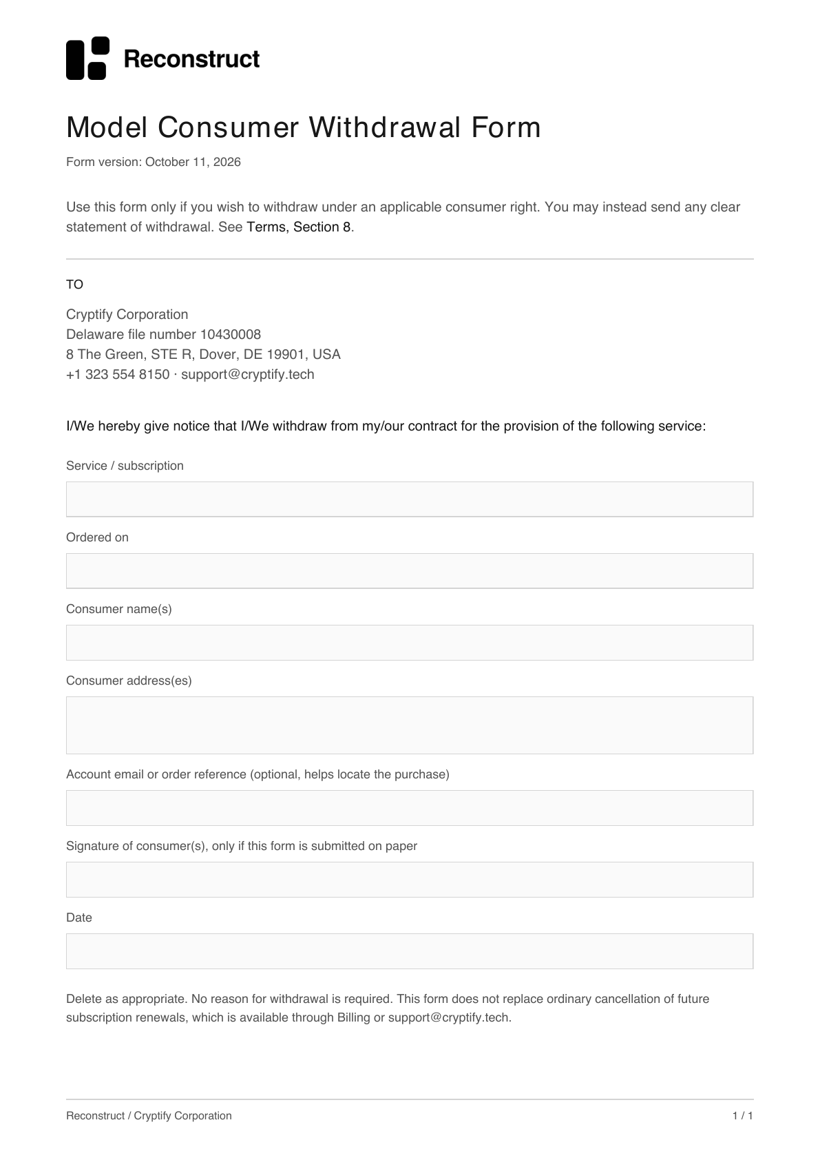 Model consumer withdrawal form with service, order date, consumer details, signature and date fields. Download the fillable PDF to complete the form.